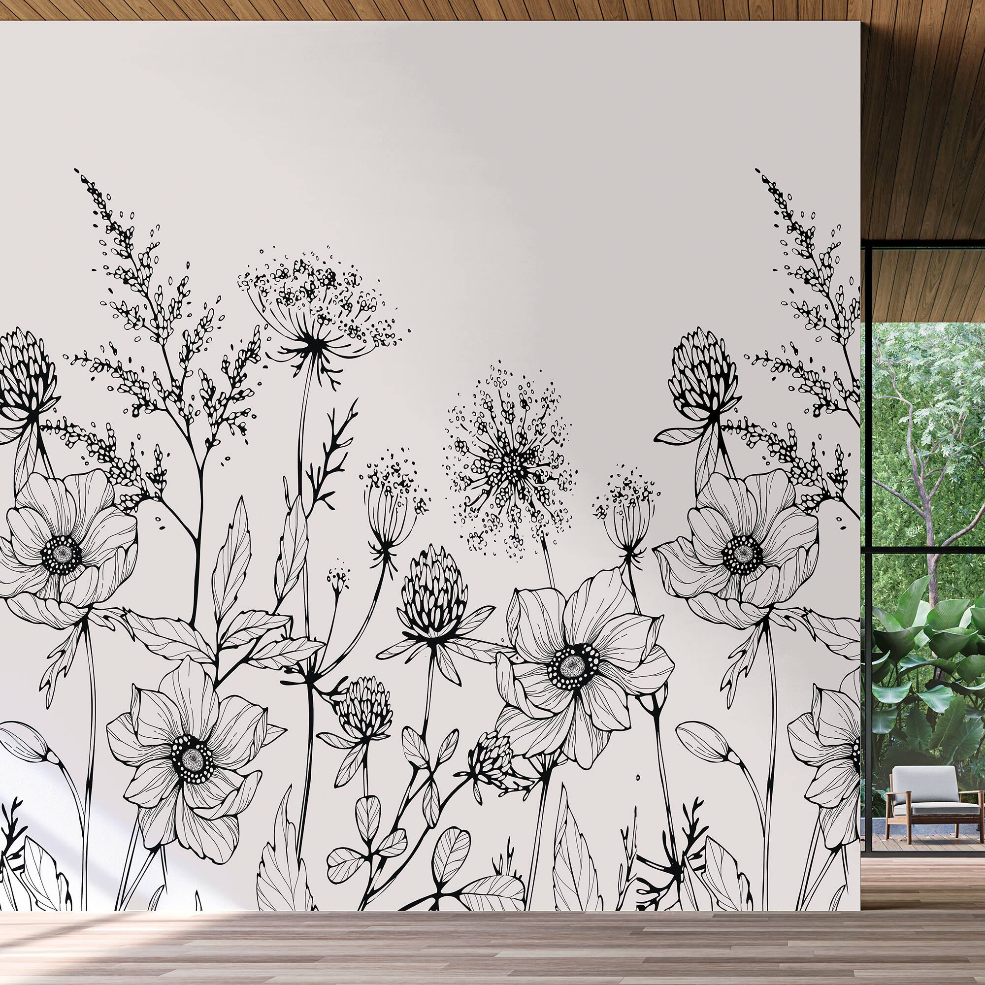 Designs Direct Meadow Bloom Sketch Black Wall Mural